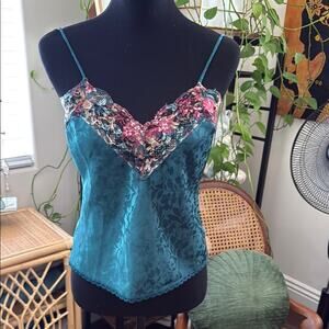 Vintage 80s Wendy Ann Teal Satin Damask Lace Trim Camisole Tank Top